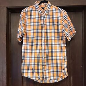 Izod Casual Plaid Shirt in Orange and Blue Sz SM- measurements in pictures
